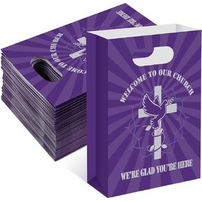 Geyee 60 Pcs Easter Church Welcome Gift Bags Bulk Purple Welcome to Our Church Christian Religious Paper Gift Bags with Handles for Visitors Guest Baptism Birthday Party Supplies, 8.6 x 6 x 2.36 Inch