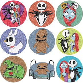 8Pcs Diamond Painting Coasters with Holder,DIY Halloween Life Coaster Diamond Art Kits for Adults Kids,Beginners Round Full Drill Diamond Art Craft Supplies