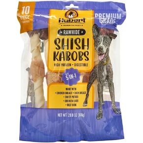 Hubert Pet Gourmet 5-in-1 Large Pork Hide Kabobs – Quad Flavor Chews in a 10-Piece Bag, 10" Chews for All Dog Sizes, 1.8 lb Pack