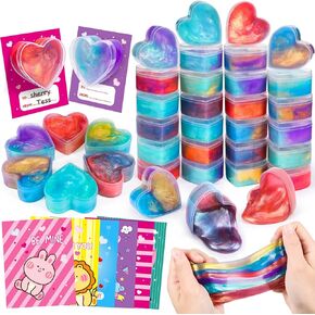 EZIGO 30 PCS Valentine Party Favors for Kids Heart Shaped Glitter Slime Kit with Valentines Cards, Stress Relief Fidget Toys, School Game Prizes, Classroom Exchange Gifts for Boys Girls