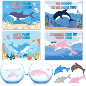 SpringFlower Valentines Day Cards With Dolphin Toy Grow In Water,24 Pack Valentines Greeting Cards School Classroom Valentine Gifts Exchange,Valentines Cards With Animal Toy, Valentine's Prizes