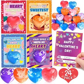 24 Pack Valentines Day Gifts for Kids, 24Pcs Valentines Heart Erasers with 24Pcs Cards, Classroom Exchange Prizes & Party Favors, Kids Valentines Day Cards, Ideal Valentine Gifts for Boys Girls