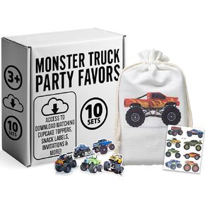 Monster Truck Party Party Favors - 10 حقائب حفلات الرباط وأكياس الحلوى مع 50 ملصقًا ، 80 وشمًا - تشمل مطابقة القبعات القابلة للتنزيل ، وحقيبة الوجبات الخفيفة وملصقات زجاجة ماء