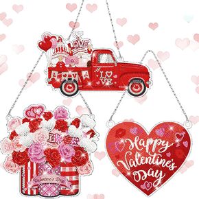 Sintuff 3 Pcs 5D Valentine‘s Day Gnomes Heart Diamond Painting Kits Hanging Valentine Flower DIY Diamond Painting Kits for Adults Beginners DIY Home Wall Decor
