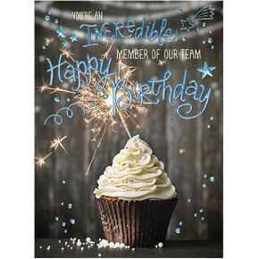 25 Employee Birthday Cards - Cupcake & Stars Design with Blue Holographic Foil Embossing - 26 White Envelopes - FSC Mix