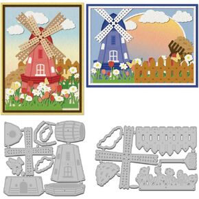 WADORN 2Pcs Windmill Die Cut Farm Metal Cutting Die, Grassland Tulips Flower Carbon Steel Embossing Stencil Template for DIY Craft Scrapbooking Album Decor Embossing Paper Dies Card Making