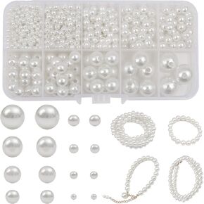 800pcs Ivory Artificial Pearl Beads 3/4/5/6/8/10/12/14mm Craft Beads for Jewelry Making Loose Pearls with Hole Beads for Decoration, Bracelets, Necklaces, Hairs, Crafts, and Vase Filler