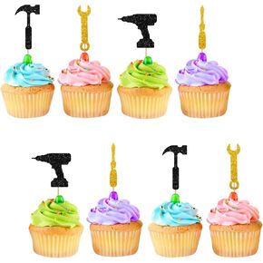 24pcs Construction Tools Cupcake Toppers, Hammer Screwdriver Cupcake Toppers for Men, Black & Gold Glitter Electric Drill Cupcake Picks for Father's Birthday Party Supplies
