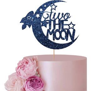 Two the Two the Moon Cake Topper ، Blue Glitter Happy 2nd Cake Topper ، Shiped Sureded Servense Barty Decoration ، Boy 2nd Outta Space Party Decoration