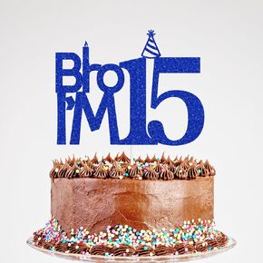 Happy 15th Birthday Cake Topper, Cheers to 15 Years Old Cake Pick, Bro I'm 15 Cake Topper, Funny 15th Birthday Party Decorations for Boy Blue Glitter