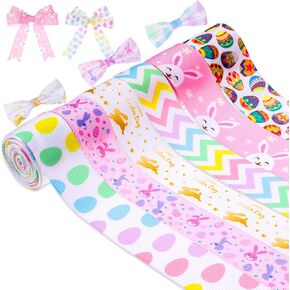 6 Rolls 12YD Easter Grosgrain Ribbons Egg Bunny Floral Ribbon for Spring Easter Themed Favors Gift Wrapping Easter Day Home Decor DIY Crafts Hairbow Wreath Bouquet Craft Supplies,StyleB