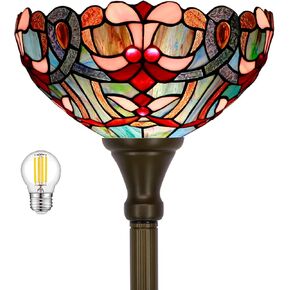 WERFACTORY Tiffany Floor Lamp Blue Pink Stained Glass Light 12X12X71 Inches Pole Torchiere Standing Corner Torch Uplight Decor Bedroom Living Room Home Office S830B Series