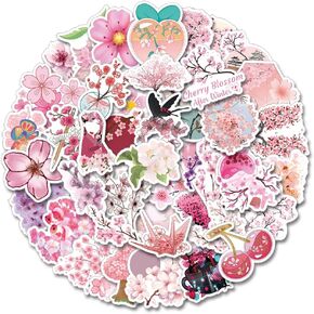62Pcs Cherry Blossom Flowers Aesthetic Stickers Pack, Kawaii Vinyl Waterproof Sticker Decals for Water Bottle,Laptop,Phone,Scrapbooking,Journal Gifts for Adults Teens Kids for Party Supply Favor Decor