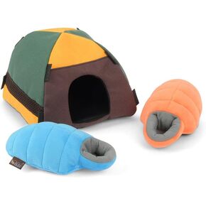 P.L.A.Y. Cute Plush Dog Toys - Camping, Outdoor Themed Durable Squeaker Chew Toy, Great for Puppies & Small, Medium, Large Dogs - Machine Washable, Recycled Materials (Camp Corbin Trailblazing Tent)