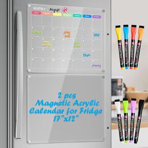 Acrylic Magnetic Calendar for Refrigerator, Clear Set of 2 Clear Acrylic Magnetic Fridge Calendar with 8 Color Markers, Dry Erase Monthly & Memo Planner Board for Shopping/Homen to Do List -17"x12"