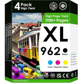Remanufactured Ink Cartridge Replacement for 4 Pack HP 962XL Printer Ink. Works with OfficeJet Pro 9010 9012 9018 9015 9020 9025 9026 9027 Printers (Does not Read Ink Levels)