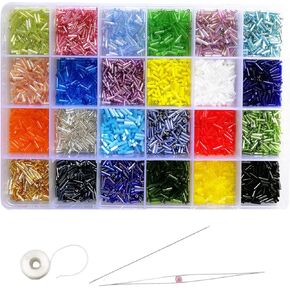 Size 11/0 Crafts Glass Bugle Beads 2.2x2mm Bugle Beads Beading Needles with Organizer Box for Jewelry Making (24 Assorted Multicolor Set, Total About 21600pcs)