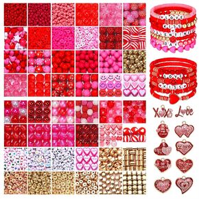 2500PCS+ Valentine’s Day Beads for Jewelry Making, Pink Red Polymer Clay Beads, Assorted Pearl Crystal Heart Beads Letter Spacer Beads and Sweet Heart Charms for Bracelet Necklace Making DIY Crafts
