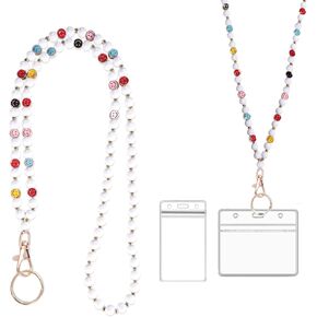 Smile Teacher Lanyard, Cute Teacher Lanyards with Id Holder for Women, Natural Wooden Beaded Lanyard for Keys, White