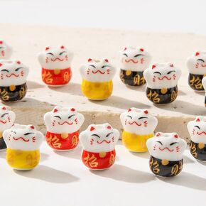 30pcs Ceramic Beads Lucky Cat Beads Maneki Neko Porcelain Spacer Beads for DIY Jewelry Making(redyellowblack)