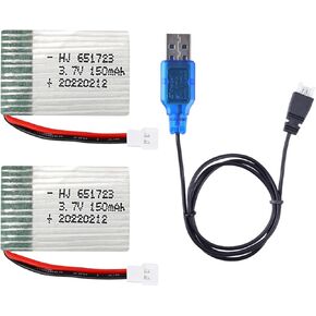 2 pcs 3.7v 150Mah 20C Rechargable Li-po Battery with 3.7v USB Cable for JJRC H8 Mini Drone etc