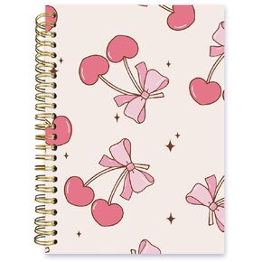 ISANOU Coquette Cherry Bow Notebook,Preppy Lined Spiral Notebook Hardcover,College Ruled Notebook,Office School Journal Notebook for Work,5.5x8.3 Inch 80 Pages,Coquette Gifts for Women Girl