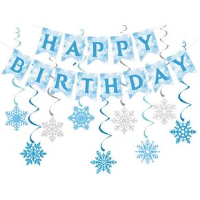 Winter Snowflake Hanging Swirl Happy Birthday Party Decorations Banner, Blue White Silver Christmas Glitter Snowflake Hanging Swirls for Winter Wonderland Birthday Party Supplies