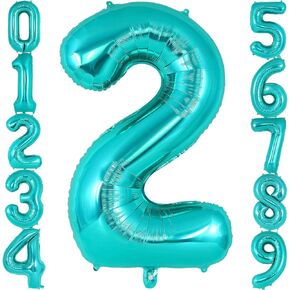 Teal Blue Number 2 Balloon, 40 Inch Big Large Foil Helium Number Balloons, Giant Mylar Number 2 Balloons for 2 Year old Mermaid Birthday Party Decorations Supplies Anniversary