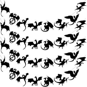 Henoyso 4 Pcs Black Dragon Party Banner Hanging Dragon Decor Birthday Supplies 32 Black Decorations for Birthday Theme Fantasy Party Supplies, 8 Designs