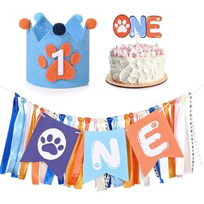 3Pcs Blue First Birthday Party Decorations - High Chair Banner, 1st Birthday Crown, Cake Topper, Background for Orange Theme Party Decorations, Baby Shower Backdrop