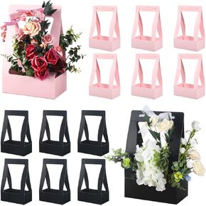 Chinco 12 Pcs Flower Gift Bags Paper Bouquet Flower Box with Handle Flower Boxes for Arrangements Floral Gift Wrapping Bags for Mother's Day Wedding, Pink and Black