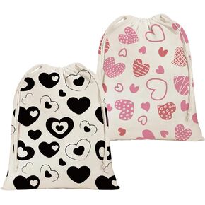 Essme 2Pack Big Valentines Day Gift Bag Drawstring Gift Bags 20 x 16 Inch Heart Print Drawstring Present Canvas Bags Valentine Gift Bags For Valentine Gift Bag Wedding Party Favors.(Black and Pink