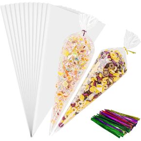 100 Pack Clear Cellophane Bags Cone Shaped Cellophane Treat Bags with Ties for Candy Popcorn Cookie Small Gift Wrapping（5x10 Inches)