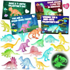Valentines Day Cards for Kids School, 32 Pack Valentines Day Gifts for Kids with Glow in Dark Dinosaurs, Valentine School Classroom Exchange Gift for Party Favor, Valentine's Dino Toys for Boys Girls