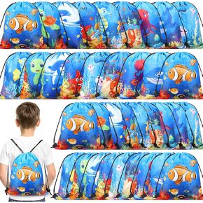 Sanwuta 36 Pcs Under the Sea Party Favor Bags Goodie Ocean Gift Drawstring Bags Beach Sea Animal Candy Treat Drawstring Backpack for Summer Birthday Party Decor Baby Shower Supplies (Classic Style)