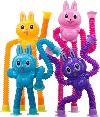 Pop Tubes Rabbit Fidget Toys for Kids, 4Pack Fidget Pop Toys Telescopic Suction Cup Toy for Stress and Anxiety Relief, Easter Basket Stuffers Gift for Kids and Toddlers (4Pack Rabbit) in Saudi Arabia