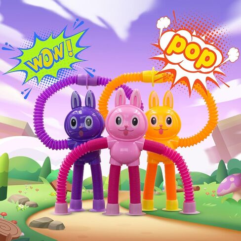 Pop Tubes Rabbit Fidget Toys for Kids, 4Pack Fidget Pop Toys Telescopic Suction Cup Toy for Stress and Anxiety Relief, Easter Basket Stuffers Gift for Kids and Toddlers (4Pack Rabbit) in Saudi Arabia