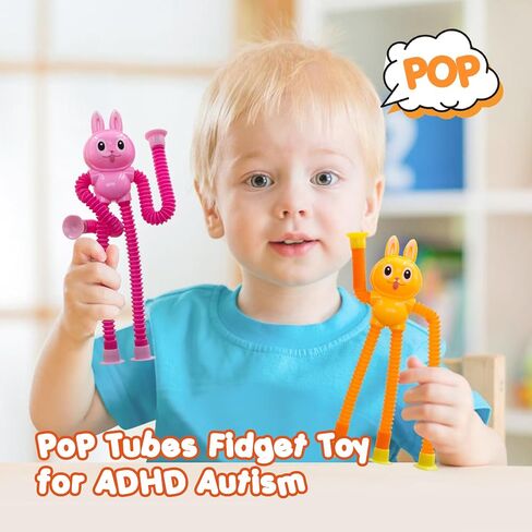Pop Tubes Rabbit Fidget Toys for Kids, 4Pack Fidget Pop Toys Telescopic Suction Cup Toy for Stress and Anxiety Relief, Easter Basket Stuffers Gift for Kids and Toddlers (4Pack Rabbit) in Saudi Arabia