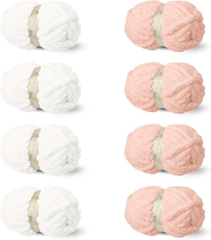 8 Skein Chunky Blanket Chenille Yarn for Crocheting, Soft Plush Yarn for Hand Knitting Blanket - 7 Jumbo - 0.5lb/25yds - White&Pale Peach in Saudi Arabia