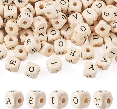 Pandahall 98pcs Natural Wood Cube Large Hole Letter Beads 12x12x12mm Wooden Cubic European Beads with A-Z Alphabet Letter & Heart & Star Pattern for DIY Jewelry Bracelets Making, Hole: 4mm in Saudi Arabia