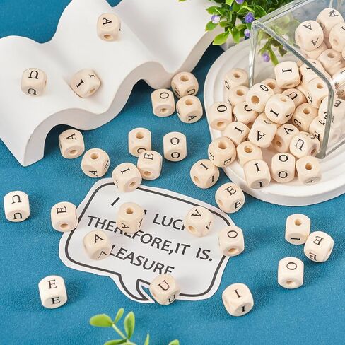Pandahall 98pcs Natural Wood Cube Large Hole Letter Beads 12x12x12mm Wooden Cubic European Beads with A-Z Alphabet Letter & Heart & Star Pattern for DIY Jewelry Bracelets Making, Hole: 4mm in Saudi Arabia