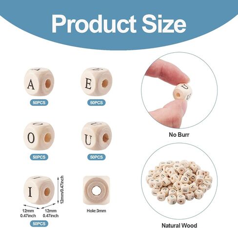 Pandahall 98pcs Natural Wood Cube Large Hole Letter Beads 12x12x12mm Wooden Cubic European Beads with A-Z Alphabet Letter & Heart & Star Pattern for DIY Jewelry Bracelets Making, Hole: 4mm in Saudi Arabia