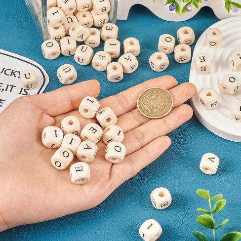 Pandahall 98pcs Natural Wood Cube Large Hole Letter Beads 12x12x12mm Wooden Cubic European Beads with A-Z Alphabet Letter & Heart & Star Pattern for DIY Jewelry Bracelets Making, Hole: 4mm in Saudi Arabia