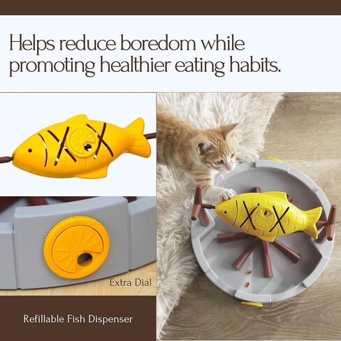 Petpals 11" High Cat Treat-Dispensing Slow Feeder, Pet Dry Food Dispenser, Pet Slow Feeding Snack Bowl, Grilled Fish Toy with a Free Pet Hair Remove Cleaning Brush (Small Bundle) in Saudi Arabia