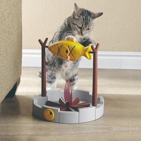 Petpals 11" High Cat Treat-Dispensing Slow Feeder, Pet Dry Food Dispenser, Pet Slow Feeding Snack Bowl, Grilled Fish Toy with a Free Pet Hair Remove Cleaning Brush (Small Bundle) in Saudi Arabia