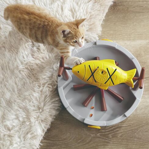 Petpals 11" High Cat Treat-Dispensing Slow Feeder, Pet Dry Food Dispenser, Pet Slow Feeding Snack Bowl, Grilled Fish Toy with a Free Pet Hair Remove Cleaning Brush (Small Bundle) in Saudi Arabia