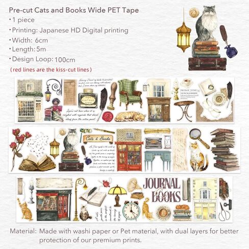 WT Cats and Books Wide PET Tape Pre-Cut, One Roll 5 Meters, Decorative Cute PET Tape for Bible Journaling, Bullet Journal Supplies,Scrapbooking Supplies,Planners, Party Decorations in Kuwait