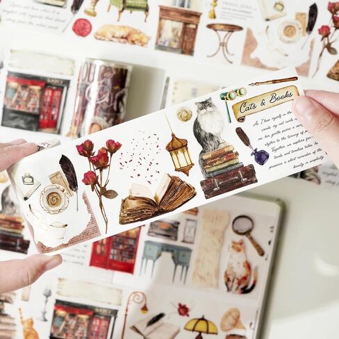 WT Cats and Books Wide PET Tape Pre-Cut, One Roll 5 Meters, Decorative Cute PET Tape for Bible Journaling, Bullet Journal Supplies,Scrapbooking Supplies,Planners, Party Decorations in Kuwait