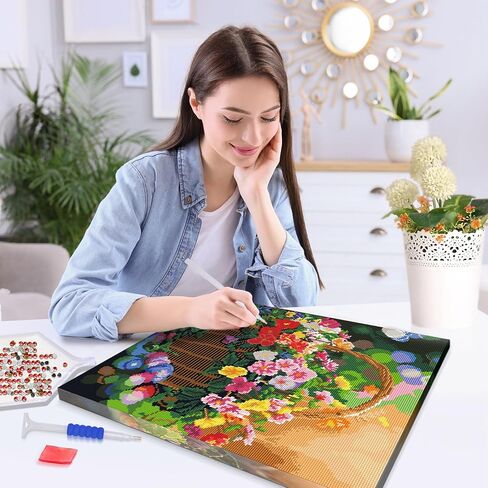 JOOZ Framed Canvas Diamond Art Kits for Adults - 5D Flowers Diamond Painting Kits for Adults, DIY Full Drill Diamond Art Flowers, Gem Art Kits for Home Wall Decor (20 X 16 Inch) in Saudi Arabia