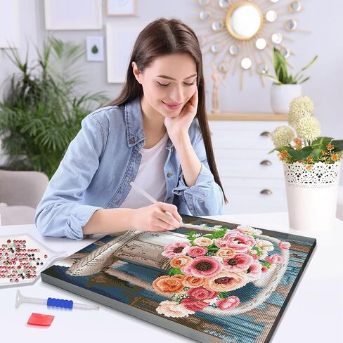 JOOZ Framed Canvas Diamond Art Kits for Adults - 5D Flowers Diamond Painting Kits for Adults, DIY Full Drill Diamond Art Flowers, Gem Art Kits for Home Wall Decor (20 X 16 Inch) in Saudi Arabia